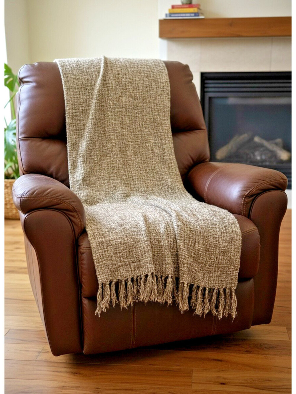 Chunky Bouclé Textured Throw Blanket 50x60 Neutral Taupe Fringe Cozy Modern Deco